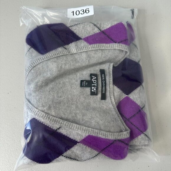 Apt 9 Cashmere Sweater Size XL Argyle Gray Purple V-Neck - Picture 10 of 10